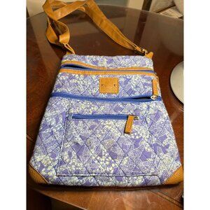 Quilted Crossbody Bag 9" by 9"  Blue Floral Pattern/Faux Leather Straps    65-19